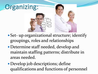 Organizing:<br />Set- up organizational structure; identify groupings, roles and relationships<br />Determine staff needed...