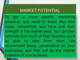 MARKET SHARE
•Market share is the percentage of total
sales that a company can expect to get
from the total market.
•To ca...