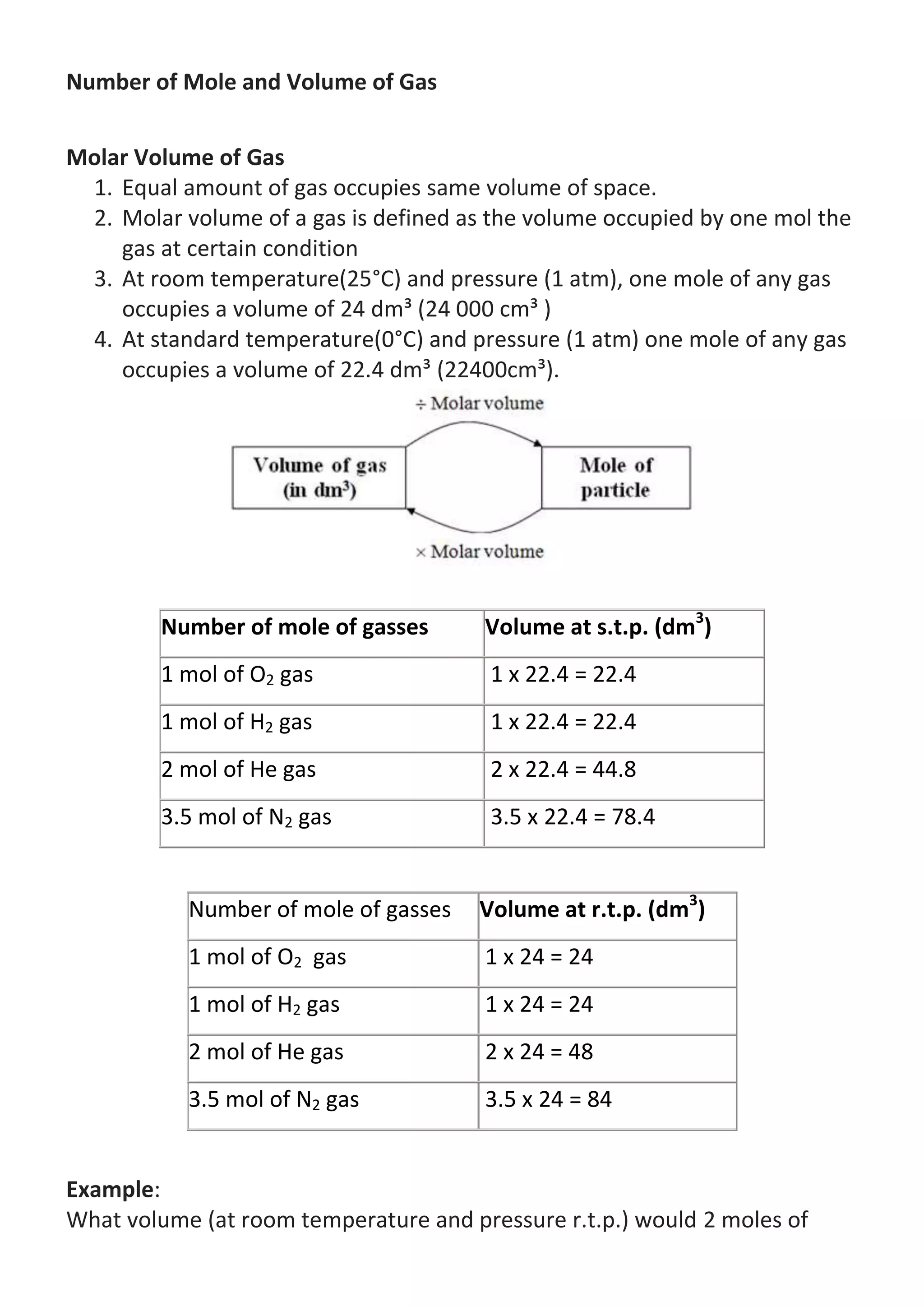 Number of Mole and Volume of Gas
Molar Volume of Gas
1. Equal amount of gas occupies same volume of space.
2. Molar volume of a gas is defined as the volume occupied by one mol the
gas at certain condition
3. At room temperature(25°C) and pressure (1 atm), one mole of any gas
occupies a volume of 24 dm³ (24 000 cm³ )
4. At standard temperature(0°C) and pressure (1 atm) one mole of any gas
occupies a volume of 22.4 dm³ (22400cm³).

Number of mole of gasses

Volume at s.t.p. (dm3)

1 mol of O2 gas

1 x 22.4 = 22.4

1 mol of H2 gas

1 x 22.4 = 22.4

2 mol of He gas

2 x 22.4 = 44.8

3.5 mol of N2 gas

3.5 x 22.4 = 78.4

Number of mole of gasses

Volume at r.t.p. (dm3)

1 mol of O2 gas

1 x 24 = 24

1 mol of H2 gas

1 x 24 = 24

2 mol of He gas

2 x 24 = 48

3.5 mol of N2 gas

3.5 x 24 = 84

Example:
What volume (at room temperature and pressure r.t.p.) would 2 moles of

 