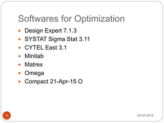 Softwares for Optimization
 Design Expert 7.1.3
 SYSTAT Sigma Stat 3.11
 CYTEL East 3.1
 Minitab
 Matrex
 Omega
 Compact 21-Apr-15 O
05-04-201811
 