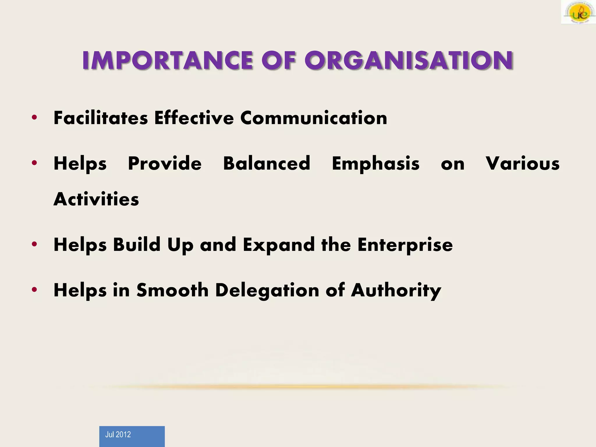 Jul 2012
IMPORTANCE OF ORGANISATION
• Facilitates Effective Communication
• Helps Provide Balanced Emphasis on Various
Activities
• Helps Build Up and Expand the Enterprise
• Helps in Smooth Delegation of Authority
 