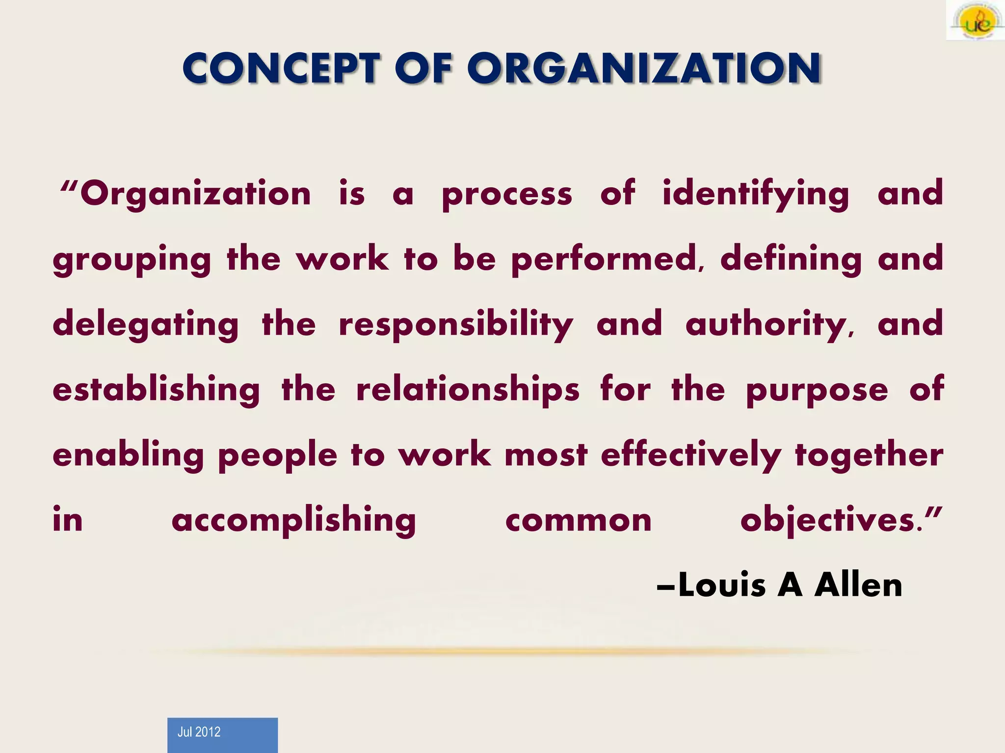 Jul 2012
CONCEPT OF ORGANIZATION
“Organization is a process of identifying and
grouping the work to be performed, defining and
delegating the responsibility and authority, and
establishing the relationships for the purpose of
enabling people to work most effectively together
in accomplishing common objectives.”
–Louis A Allen
 