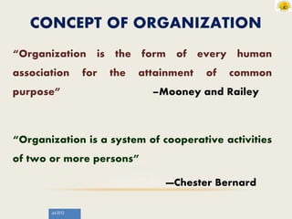 Jul 2012
CONCEPT OF ORGANIZATION
“Organization is the form of every human
association for the attainment of common
purpose” –Mooney and Railey
“Organization is a system of cooperative activities
of two or more persons”
—Chester Bernard
 