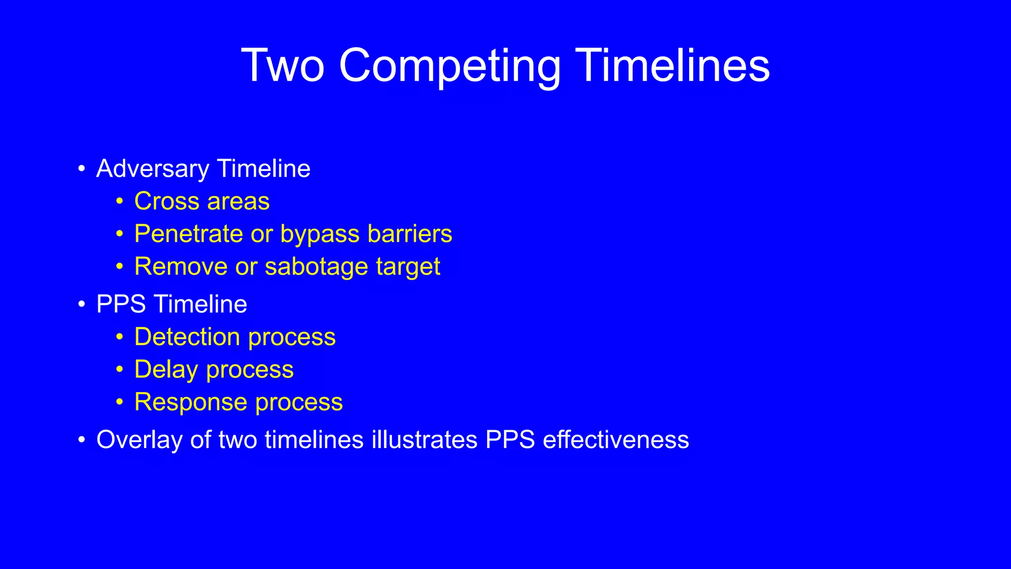 Two Competing Timelines
• Adversary Timeline
• Cross areas
• Penetrate or bypass barriers
• Remove or sabotage target
• PPS Timeline
• Detection process
• Delay process
• Response process
• Overlay of two timelines illustrates PPS effectiveness
 