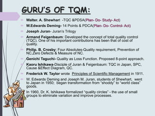 GURU’S OF TQM:
 Walter. A. Shewhart -TQC &PDSA(Plan- Do- Study- Act)
 W.Edwards Deming- 14 Points & PDCA(Plan- Do- Contr...