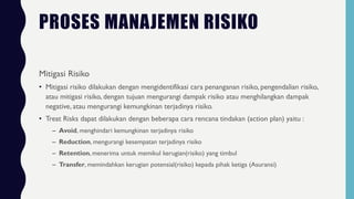 PROSES MANAJEMEN RISIKO
Mitigasi Risiko
• Mitigasi risiko dilakukan dengan mengidentifikasi cara penanganan risiko, pengendalian risiko,
atau mitigasi risiko, dengan tujuan mengurangi dampak risiko atau menghilangkan dampak
negative, atau mengurangi kemungkinan terjadinya risiko.
• Treat Risks dapat dilakukan dengan beberapa cara rencana tindakan (action plan) yaitu :
– Avoid, menghindari kemungkinan terjadinya risiko
– Reduction, mengurangi kesempatan terjadinya risiko
– Retention, menerima untuk memikul kerugian(risiko) yang timbul
– Transfer, memindahkan kerugian potensial(risiko) kepada pihak ketiga (Asuransi)
 
