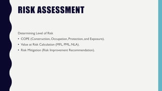 RISK ASSESSMENT
Determining Level of Risk
• COPE (Construction, Occupation, Protection, and Exposure).
• Value at Risk Calculation (MFL, PML, NLA).
• Risk Mitigation (Risk Improvement Recommendation).
 
