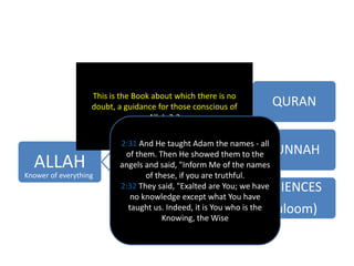 ALLAH
Revealed
knowledge
QURAN
SUNNAH
Conceived
knowledge
SCIENCES
(uloom)
Knower of everything
This is the Book about which there is no
doubt, a guidance for those conscious of
Allah 2:2
2:31 And He taught Adam the names - all
of them. Then He showed them to the
angels and said, "Inform Me of the names
of these, if you are truthful.
2:32 They said, "Exalted are You; we have
no knowledge except what You have
taught us. Indeed, it is You who is the
Knowing, the Wise
 