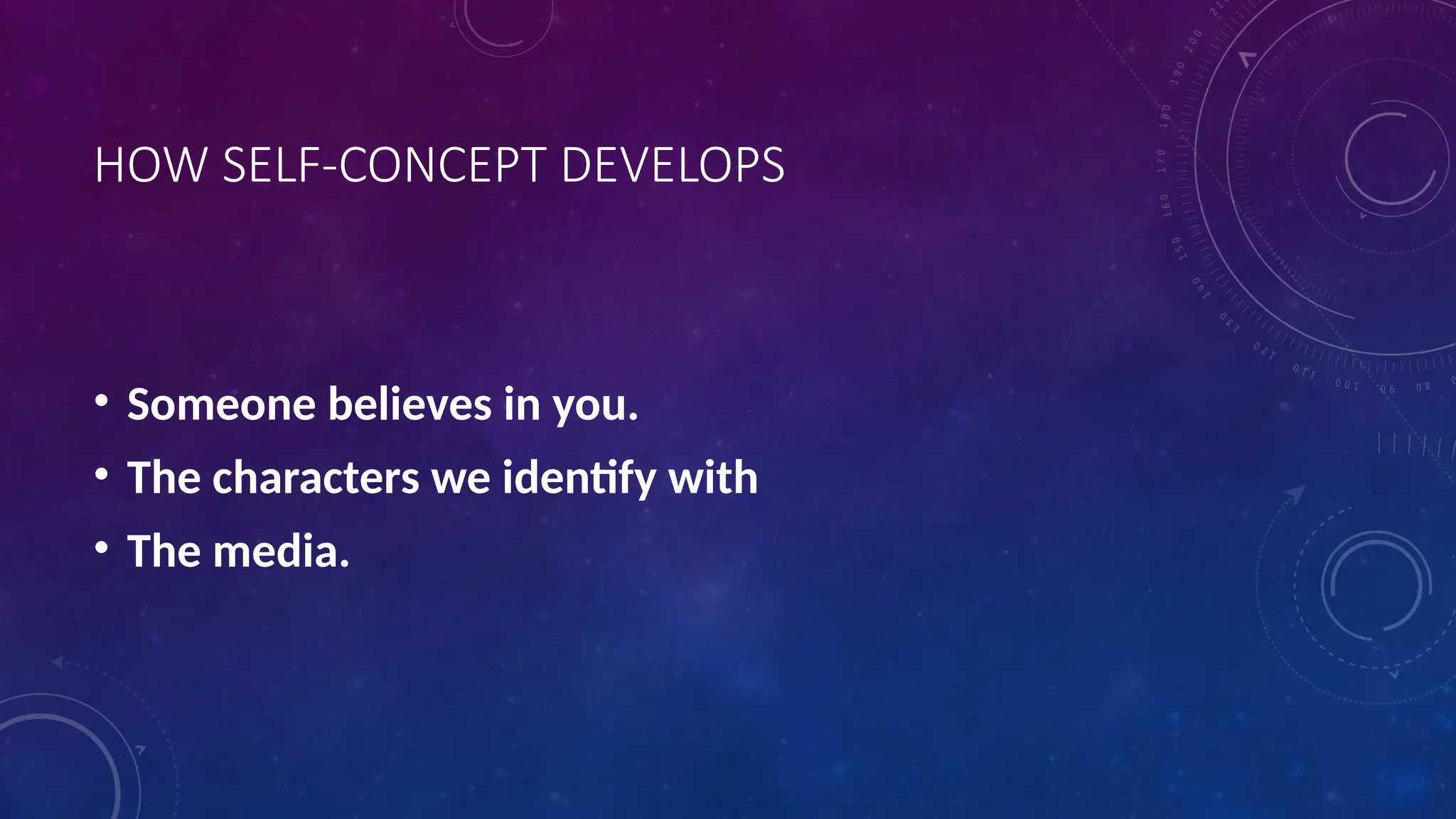 HOW SELF-CONCEPT DEVELOPS
• Someone believes in you.
• The characters we identify with
• The media.
 