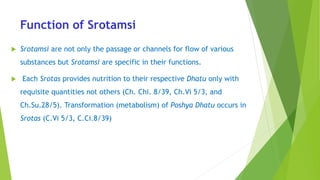Function of Srotamsi
 Srotamsi are not only the passage or channels for flow of various
substances but Srotamsi are specific in their functions.
 Each Srotas provides nutrition to their respective Dhatu only with
requisite quantities not others (Ch. Chi. 8/39, Ch.Vi 5/3, and
Ch.Su.28/5). Transformation (metabolism) of Poshya Dhatu occurs in
Srotas (C.Vi 5/3, C.Ci.8/39)
 