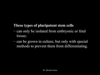 These types of pluripotent stem cells
– can only be isolated from embryonic or fetal
tissue;
– can be grown in culture, but only with special
methods to prevent them from differentiating.
Dr. Monika Nema
 