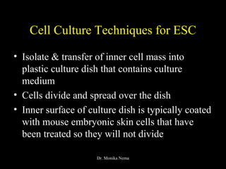 Cell Culture Techniques for ESC
• Isolate & transfer of inner cell mass into
plastic culture dish that contains culture
medium
• Cells divide and spread over the dish
• Inner surface of culture dish is typically coated
with mouse embryonic skin cells that have
been treated so they will not divide
Dr. Monika Nema
 