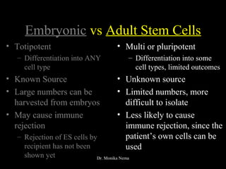 Embryonic vs Adult Stem Cells
• Totipotent
– Differentiation into ANY
cell type
• Known Source
• Large numbers can be
harvested from embryos
• May cause immune
rejection
– Rejection of ES cells by
recipient has not been
shown yet
• Multi or pluripotent
– Differentiation into some
cell types, limited outcomes
• Unknown source
• Limited numbers, more
difficult to isolate
• Less likely to cause
immune rejection, since the
patient’s own cells can be
used
Dr. Monika Nema
 