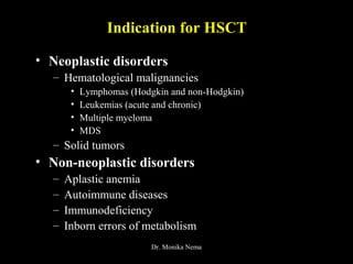 Indication for HSCT
• Neoplastic disorders
– Hematological malignancies
• Lymphomas (Hodgkin and non-Hodgkin)
• Leukemias (acute and chronic)
• Multiple myeloma
• MDS
– Solid tumors
• Non-neoplastic disorders
– Aplastic anemia
– Autoimmune diseases
– Immunodeficiency
– Inborn errors of metabolism
Dr. Monika Nema
 