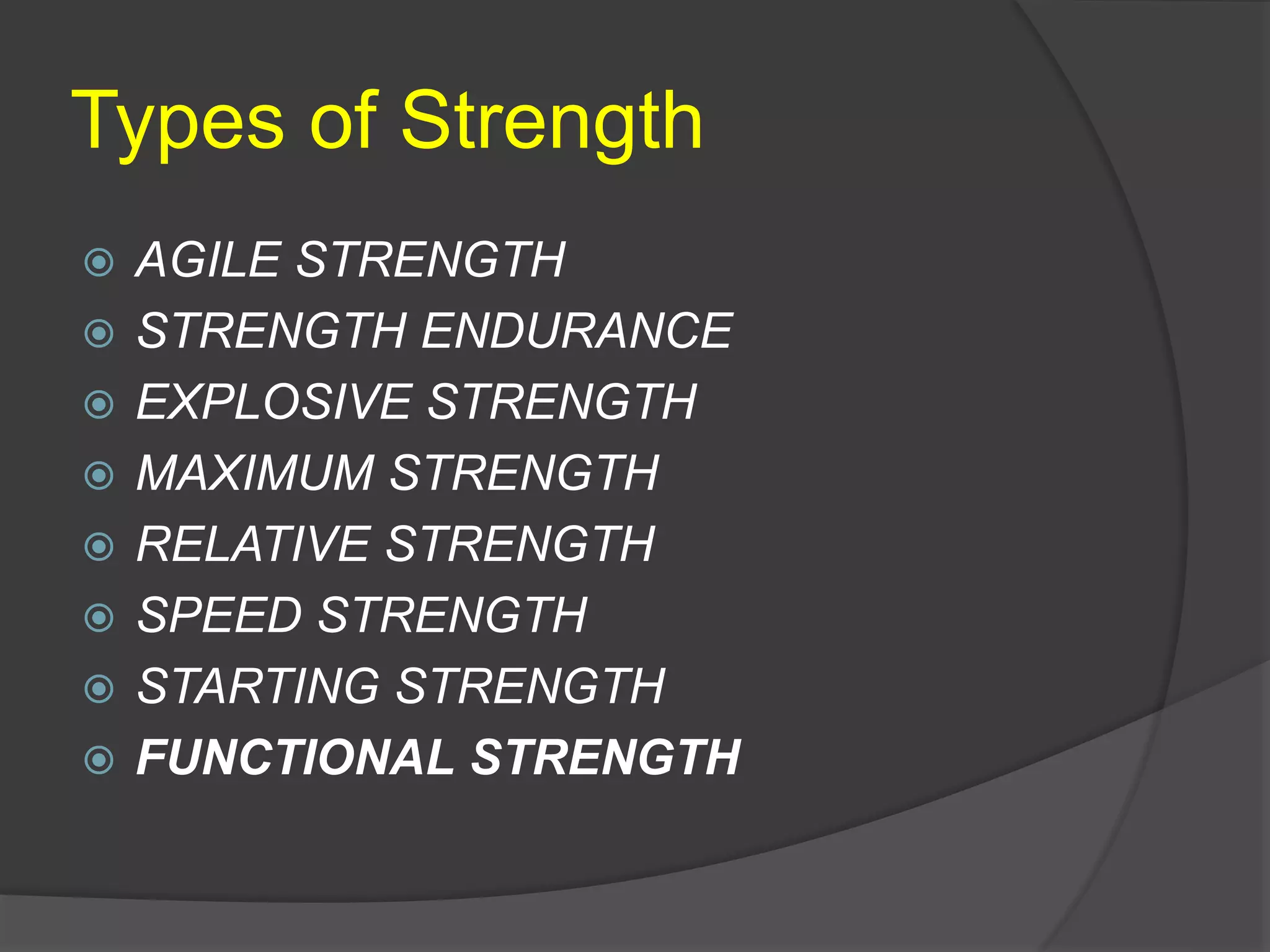 Types of Strength
 AGILE STRENGTH
 STRENGTH ENDURANCE
 EXPLOSIVE STRENGTH
 MAXIMUM STRENGTH
 RELATIVE STRENGTH
 SPEED STRENGTH
 STARTING STRENGTH
 FUNCTIONAL STRENGTH
 