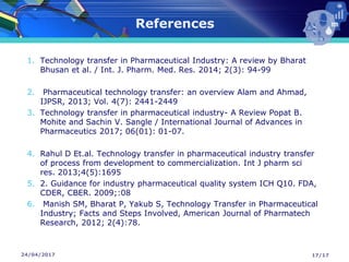24/04/2017
References
1. Technology transfer in Pharmaceutical Industry: A review by Bharat
Bhusan et al. / Int. J. Pharm. Med. Res. 2014; 2(3): 94-99
2. Pharmaceutical technology transfer: an overview Alam and Ahmad,
IJPSR, 2013; Vol. 4(7): 2441-2449
3. Technology transfer in pharmaceutical industry- A Review Popat B.
Mohite and Sachin V. Sangle / International Journal of Advances in
Pharmaceutics 2017; 06(01): 01-07.
4. Rahul D Et.al. Technology transfer in pharmaceutical industry transfer
of process from development to commercialization. Int J pharm sci
res. 2013;4(5):1695
5. 2. Guidance for industry pharmaceutical quality system ICH Q10. FDA,
CDER, CBER. 2009;:08
6. Manish SM, Bharat P, Yakub S, Technology Transfer in Pharmaceutical
Industry; Facts and Steps Involved, American Journal of Pharmatech
Research, 2012; 2(4):78.
17/17
 
