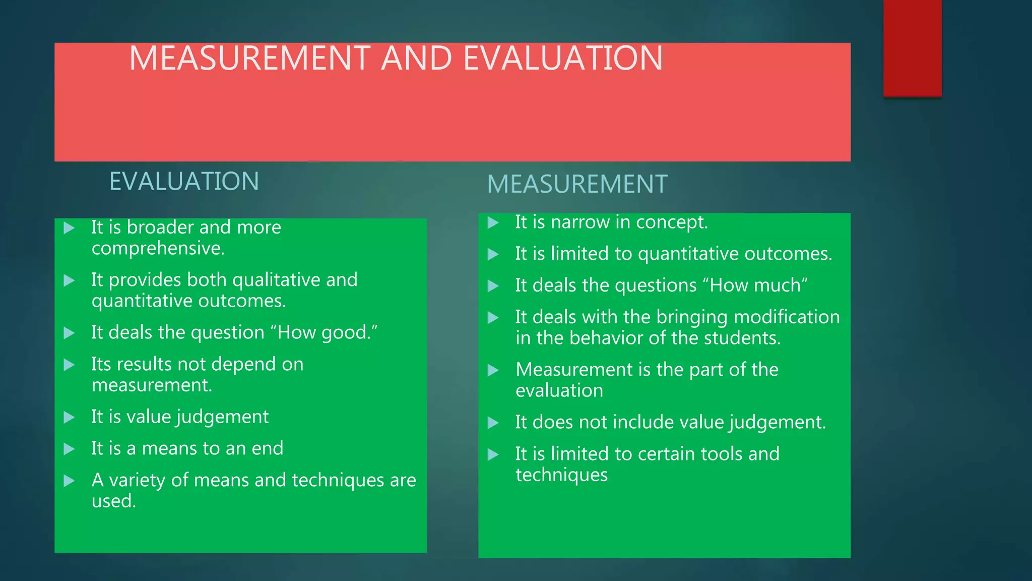 MEASUREMENT AND EVALUATION
EVALUATION
 It is broader and more
comprehensive.
 It provides both qualitative and
quantitative outcomes.
 It deals the question “How good.”
 Its results not depend on
measurement.
 It is value judgement
 It is a means to an end
 A variety of means and techniques are
used.
MEASUREMENT
 It is narrow in concept.
 It is limited to quantitative outcomes.
 It deals the questions “How much”
 It deals with the bringing modification
in the behavior of the students.
 Measurement is the part of the
evaluation
 It does not include value judgement.
 It is limited to certain tools and
techniques
 