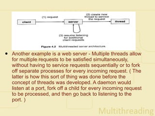 •   Another example is a web server - Multiple threads allow
    for multiple requests to be satisfied simultaneously,
    without having to service requests sequentially or to fork
    off separate processes for every incoming request. ( The
    latter is how this sort of thing was done before the
    concept of threads was developed. A daemon would
    listen at a port, fork off a child for every incoming request
    to be processed, and then go back to listening to the
    port. )
 