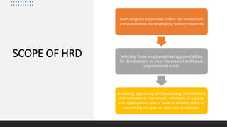 SCOPE OF HRD
Recruiting the employees within the dimensions
and possibilities for developing human resources
Selecting those employees having potentialities
for development to meet the present and future
organizational needs
Analysing, appraising and developing performance
of employees as individuals, members of a group
and organizations with a view to develop them by
identifying the gaps in skills and knowledge
 