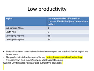 Low productivity
Region Output per worker (thousands of
constant 2005 PPP-adjusted international
dollars)
Sub Saharan Africa 6
South Asia 9
Developing regions 15
Developed Regions 64
• Many of countries that can be called underdeveloped are in sub –Saharan region and
in south Asia.
• The productivity is low because of lack of capital, human capital and technology
• This is known as a poverty trap or what Nobel laureate
Gunnar Myrdal called “circular and cumulative causation”
 
