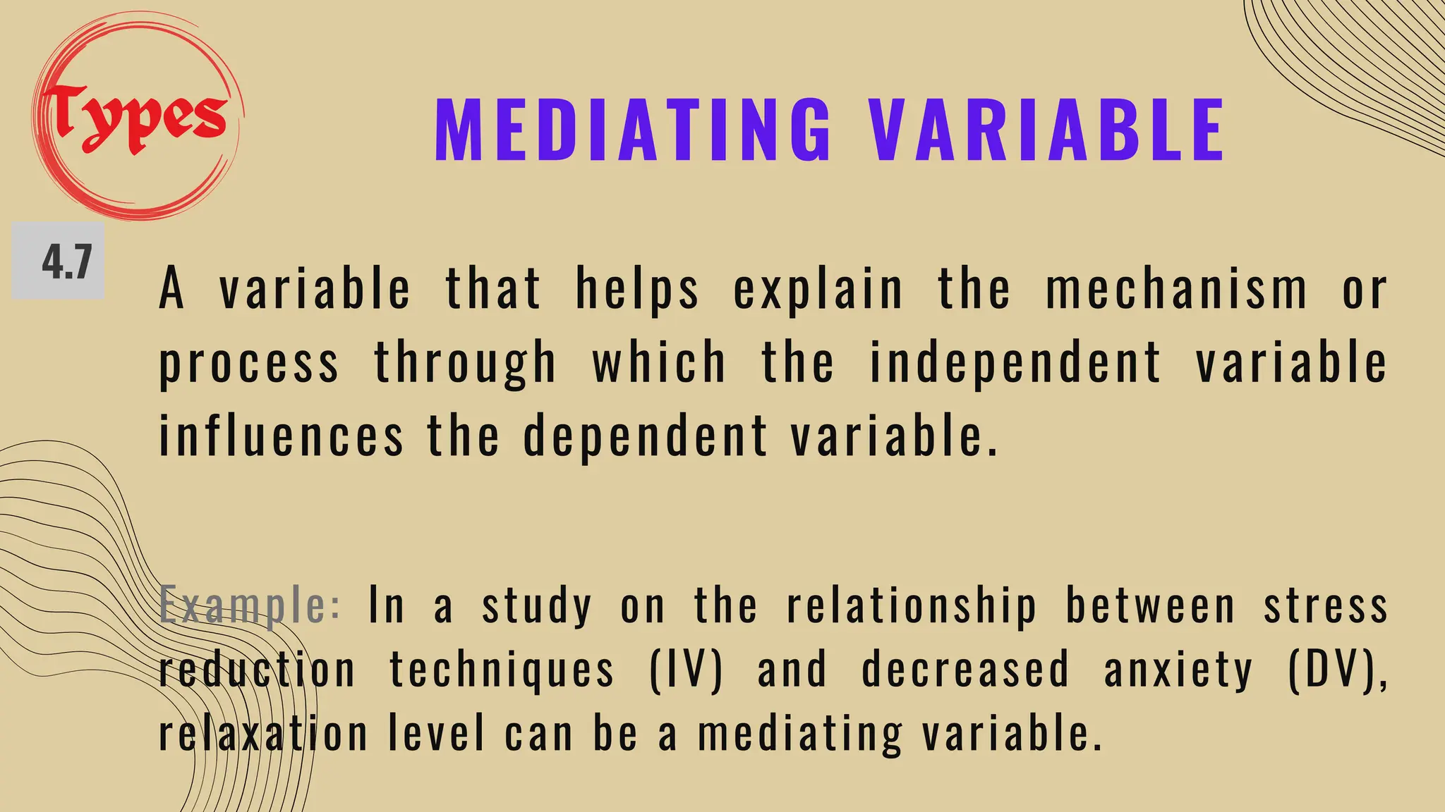 MEDIATING VARIABLE
4.7
A variable that helps explain the mechanism or
process through which the independent variable
influences the dependent variable.
Example: In a study on the relationship between stress
reduction techniques (IV) and decreased anxiety (DV),
relaxation level can be a mediating variable.
Types
 