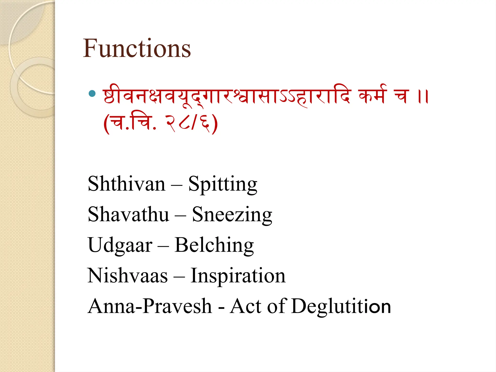 Functions
 ष्ठीवनक्षवयूद्‌
गारश्वासाऽऽहारादि कर्म च ।।
(च.चि. २८/६)
Shthivan – Spitting
Shavathu – Sneezing
Udgaar – Belching
Nishvaas – Inspiration
Anna-Pravesh - Act of Deglutition
 