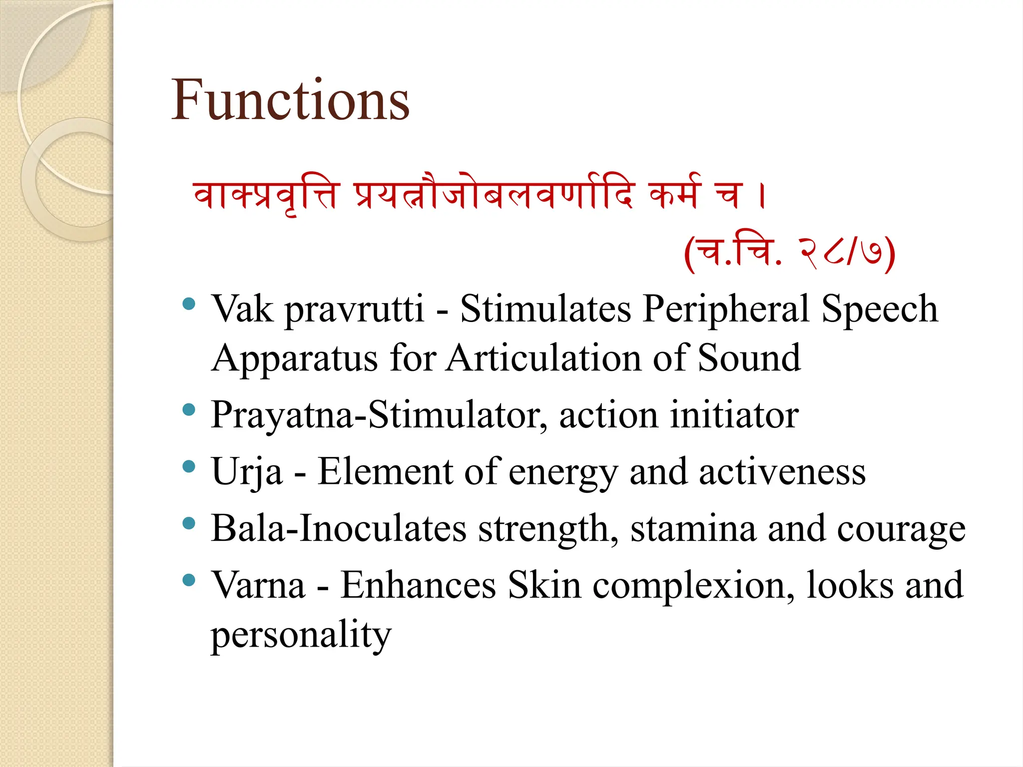 Functions
वाक्प्रवृत्ति प्रयत्नौजोबलवर्णादि कर्म च ।
(च.चि. २८/७)
 Vak pravrutti - Stimulates Peripheral Speech
Apparatus for Articulation of Sound
 Prayatna-Stimulator, action initiator
 Urja - Element of energy and activeness
 Bala-Inoculates strength, stamina and courage
 Varna - Enhances Skin complexion, looks and
personality
 