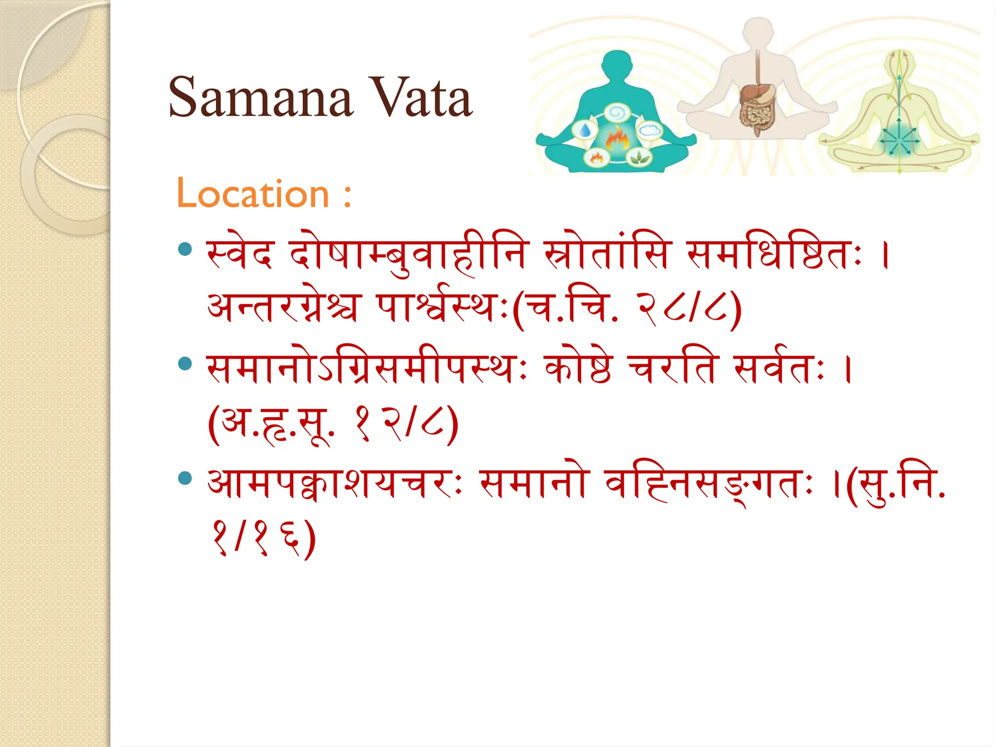 Samana Vata
Location :
 स्वेद दोषाम्बुवाहीनि स्रोतांसि समधिष्ठितः ।
अन्तरग्नेश्च पार्श्वस्थः(च.चि. २८/८)
 समानोऽग्रिसमीपस्थः कोष्ठे चरति सर्वतः ।
(अ.हृ.सू. १२/८)
 आमपक्वाशयचरः समानो वह्निसङ्गतः ।(सु.नि.
१/१६)
 