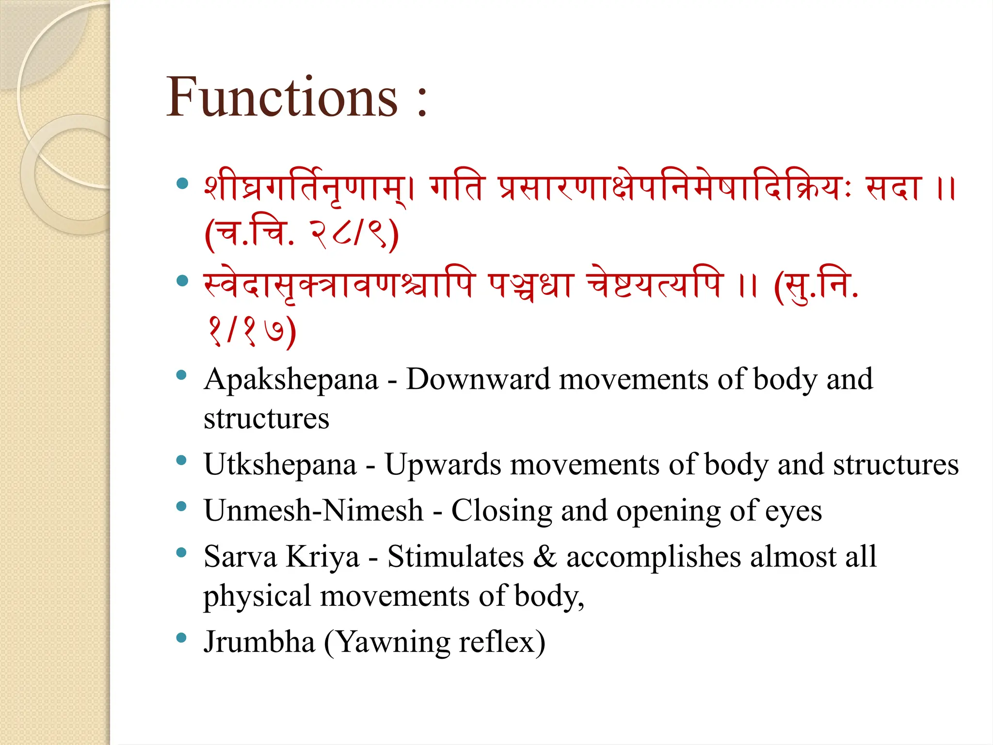 Functions :
 शीघ्रगर्तिनृणाम्। गति प्रसारणाक्षेपनिमेषादिक्रियः सदा ।।
(च.चि. २८/९)
 स्वेदासृक्त्रावणश्चापि पञ्चधा चेष्टयत्यपि ।। (सु.नि.
१/१७)
 Apakshepana - Downward movements of body and
structures
 Utkshepana - Upwards movements of body and structures
 Unmesh-Nimesh - Closing and opening of eyes
 Sarva Kriya - Stimulates & accomplishes almost all
physical movements of body,
 Jrumbha (Yawning reflex)
 