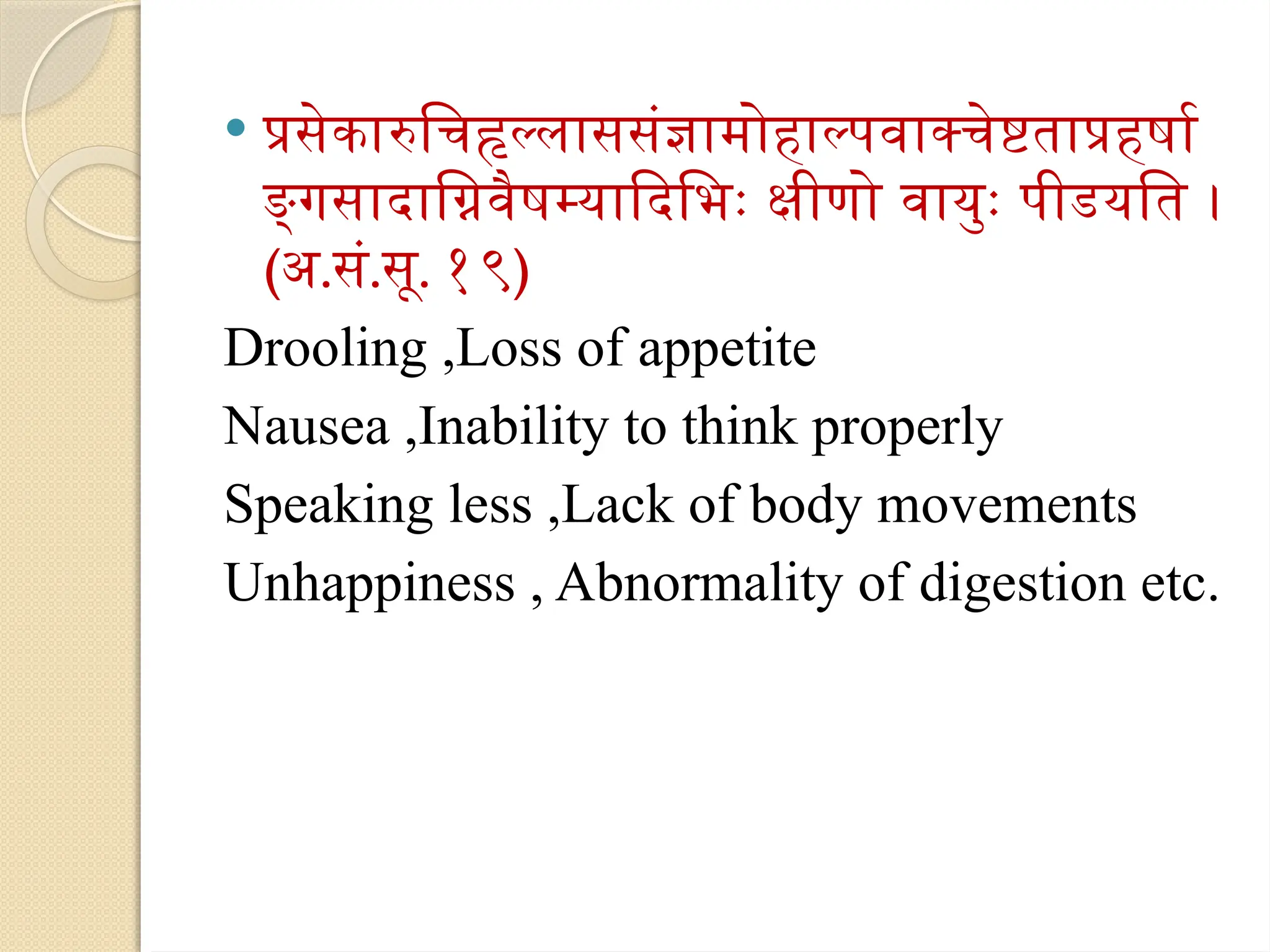  प्रसेकारुचिहृल्लाससंज्ञामोहाल्पवाक्चेष्टताप्रहर्षा
ङ्गसादाग्निवैषम्यादिभिः क्षीणो वायुः पीडयति ।
(अ.सं.सू. १९)
Drooling ,Loss of appetite
Nausea ,Inability to think properly
Speaking less ,Lack of body movements
Unhappiness , Abnormality of digestion etc.
 