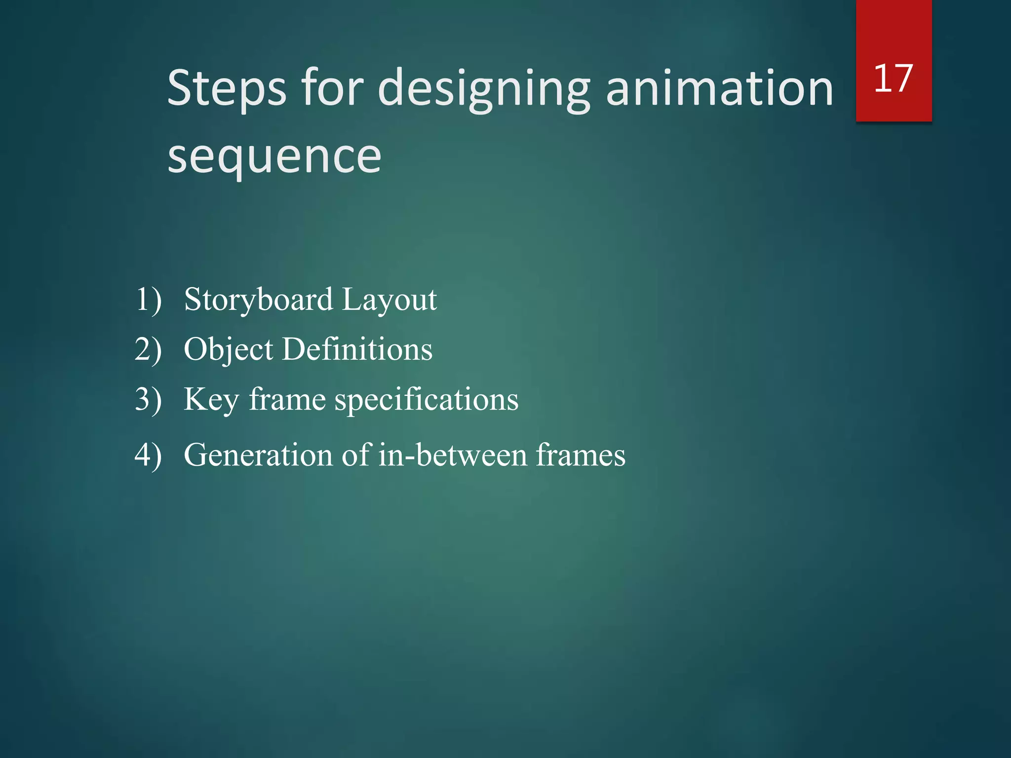 Steps for designing animation
sequence
17
1) Storyboard Layout
2) Object Definitions
3) Key frame specifications
4) Generation of in-between frames
 
