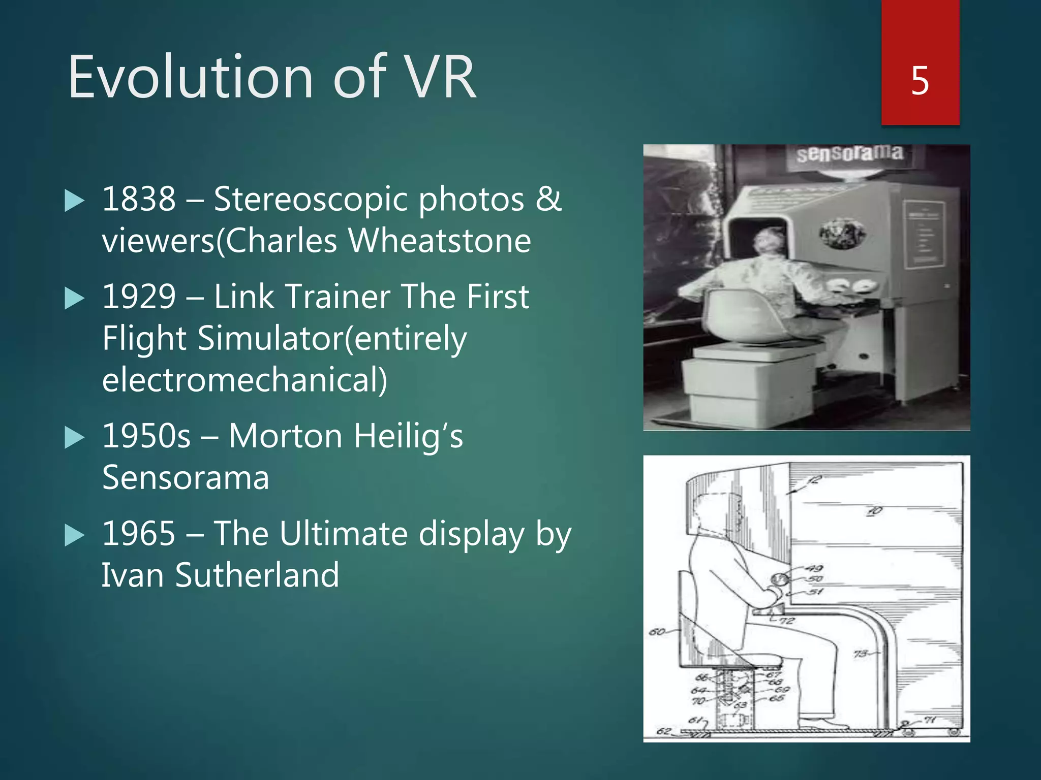 Evolution of VR
 1838 – Stereoscopic photos &
viewers(Charles Wheatstone
 1929 – Link Trainer The First
Flight Simulator(entirely
electromechanical)
 1950s – Morton Heilig’s
Sensorama
 1965 – The Ultimate display by
Ivan Sutherland
5
 