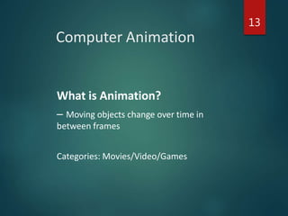 Computer Animation
13
What is Animation?
– Moving objects change over time in
between frames
Categories: Movies/Video/Games
 