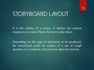 STORYBOARD LAYOUT
18
It is the outline of a action. It defines the motion
sequences as a set of basic that are to take place.
Depending on the type of animation to be produced,
the storyboard could be consist of a set of rough
sketches or it could be a list of basis ideas for motion.
 