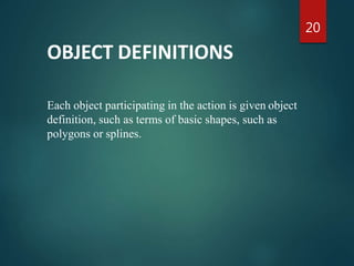 OBJECT DEFINITIONS
Each object participating in the action is given object
definition, such as terms of basic shapes, such as
polygons or splines.
20
 