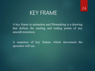 KEY FRAME
24
A key frame in animation and filmmaking is a drawing
that defines the starting and ending points of any
smooth transition.
A sequence of key frames which movement the
spectator will see.
 