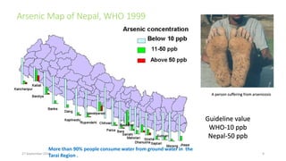 Arsenic Map of Nepal, WHO 1999
A person suffering from arsenicosis
Guideline value
WHO-10 ppb
Nepal-50 ppb
27 September 2016 9
More than 90% people consume water from ground water in the
Tarai Region .
 