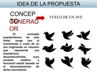 CONCEP
TOGENERAD
OR
VUELO DE UN AVE
El concepto
arquitectónico de este
Hotel, surge con el
movimiento o vuelo de un
ave originando un volumen
que represente una
arquitectura
deconstructivista, cuyo
carácter estético y
funcional estará basado en
la descomposición de
dicho movimiento.
IDEA DE LA PROPUESTA
 