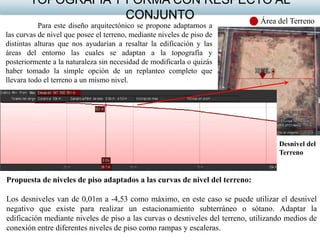 TOPOGRAFÍA Y FORMA CON RESPECTO AL
CONJUNTO
Para este diseño arquitectónico se propone adaptarnos a
las curvas de nivel que posee el terreno, mediante niveles de piso de
distintas alturas que nos ayudarían a resaltar la edificación y las
áreas del entorno las cuales se adaptan a la topografía y
posteriormente a la naturaleza sin necesidad de modificarla o quizás
haber tomado la simple opción de un replanteo completo que
llevara todo el terreno a un mismo nivel.
Área del Terreno
Propuesta de niveles de piso adaptados a las curvas de nivel del terreno:
Los desniveles van de 0,01m a -4,53 como máximo, en este caso se puede utilizar el desnivel
negativo que existe para realizar un estacionamiento subterráneo o sótano. Adaptar la
edificación mediante niveles de piso a las curvas o desniveles del terreno, utilizando medios de
conexión entre diferentes niveles de piso como rampas y escaleras.
Desnivel del
Terreno
 