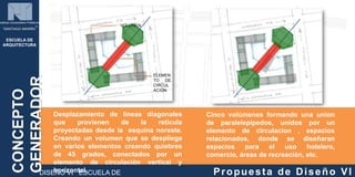 UCLA
AV. VENEZUELA
CONCEPTO
GENERADOR
Propuesta de Diseño VIDISEÑO VI ESCUELA DE
ESCUELA DE
ARQUITECTURA
nstituto Universitario Politécnico
“SANTIAGO MARIÑO”
Desplazamiento de líneas diagonales
que provienen de la retícula
proyectadas desde la esquina noreste.
Creando un volumen que se despliega
en varios elementos creando quiebres
de 45 grados, conectados por un
elemento de circulación vertical y
horizontal.
Cinco volúmenes formando una union
de paralelepípedos, unidos por un
elemento de circulacion , espacios
relacionados, donde se diseñaran
espacios para el uso hotelero,
comercio, áreas de recreación, etc.
VOLUMEN
ELEMEN
TO DE
CIRCUL
ACIÓN
UCLA
AV. VENEZUELA
 