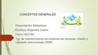 CONCEPTOS GENERALES
Presentación Slideshare:
Estefany Alejandra Castro
Ficha:1501764
Tgo de mantenimiento de sistemas de computo, diseño y
cableado estructurado-CIMM
 
