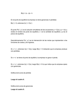 B(x) = (s - c)x - k

En el punto de equilibrio la empresa no tiene ganancias ni pérdidas
B(x´) = 0, entonces I(x´) = C(x´)

El punto P(x´; p´) es la solución simultánea de las ecuaciones p = C(x) y p = I(x) y
recibe el nombre de punto de equilibrio; x´ es la cantidad de equilibrio y p´es el
precio de equilibrio.

Geométricamente P(x´; p´) es la intersección de las rectas que representan a las
funciones de costos y de ingresos.

Si x < x´, entonces I(x) < C(x), luego B(x) < 0 indicando que la empresa produce
con pérdidas.

Si x = x´ se tiene el punto de equilibrio, la empresa no gana ni pierde.

Si x > x´, entonces I(x) > C(x), luego B(x) > 0 lo que indica que la empresa opera
con ganancias.

Gráfica de la zona de pérdida

Luego el cuadro 8.

Gráfica de la zona de ganancias
Luego el cuadro 9.

 