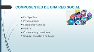 COMPONENTES DE UNA RED SOCIAL
 Perfil publico
 Personalización
 Seguidores y amigos
 Noticias
 Comentarios y reacciones
 Grupos , etiquetas o hashtags .
 