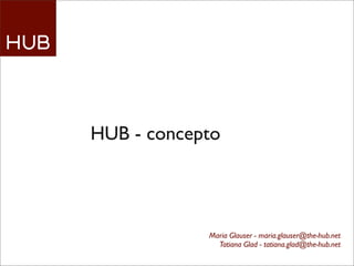HUB - concepto




            Maria Glauser - maria.glauser@the-hub.net
              Tatiana Glad - tatiana.glad@the-hub.net
 
