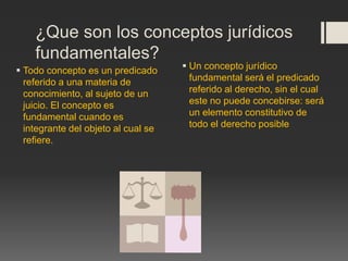 ¿Que son los conceptos jurídicos
fundamentales?
 Todo concepto es un predicado
referido a una materia de
conocimiento, al sujeto de un
juicio. El concepto es
fundamental cuando es
integrante del objeto al cual se
refiere.
 Un concepto jurídico
fundamental será el predicado
referido al derecho, sin el cual
este no puede concebirse: será
un elemento constitutivo de
todo el derecho posible
 