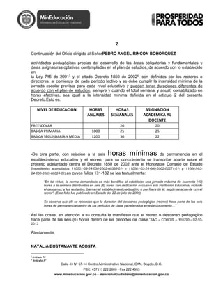 Calle 43 N° 57-14 Centro Administrativo Nacional, CAN, Bogotá, D.C.
PBX: +57 (1) 222 2800 - Fax 222 4953
www.mineducacion.gov.co - atencionalciudadano@mineducacion.gov.co
2
Continuación del Oficio dirigido al SeñorPEDRO ANGEL RINCON BOHORQUEZ
actividades pedagógicas propias del desarrollo de las áreas obligatorias y fundamentales y
delas asignaturas optativas contempladas en el plan de estudios, de acuerdo con lo establecido
en
la Ley 715 de 20013
y el citado Decreto 1850 de 20024
, son definidos por los rectores o
directores, al comienzo de cada periodo lectivo y se debe cumplir la intensidad mínima de la
jornada escolar prevista para cada nivel educativo y pueden tener duraciones diferentes de
acuerdo con el plan de estudios, siempre y cuando el total semanal y anual, contabilizado en
horas efectivas, sea igual a la intensidad mínima definida en el artículo 2 del presente
Decreto.Esto es:
NIVEL DE EDUCACION HORAS
ANUALES
HORAS
SEMANALES
ASIGNACION
ACADEMICA AL
DOCENTE
PREESCOLAR 20 20
BASICA PRIMARIA 1000 25 25
BASICA SECUNDARIA Y MEDIA 1200 30 22
-De otra parte, con relación a la seis horas mínimas de permanencia en el
establecimiento educativo y el recreo, para su conocimiento se transcribe aparte sobre el
proceso adelantado contra el Decreto 1850 de 2002 ante el Honorable Consejo de Estado
(expedientes acumulados: 110001-03-24-000-2002-00338-01- y: 110001-03-24-000-2002-00271-01- y: 110001-03-
24-000-2003-00024-01),en cuyos folios 131-132 se lee textualmente:
“En tal virtud, la norma demandada es más benéfica al establecer una jornada máxima de cuarenta (40)
horas a la semana distribuidas en seis (6) horas con dedicación exclusiva a la Institución Educativa, incluido
el descanso; y las restantes, bien en el establecimiento educativo o por fuera de él, según se acuerde con el
rector”. (Este fallo fue publicado en Estado del 22 de julio de 2008)
Se observa que allí se reconoce que la duración del descanso pedagógico (recreo) hace parte de las seis
horas de permanencia dentro de los períodos de clase ya reiterados en este documento…”
Así las cosas, en atención a su consulta le manifiesto que el recreo o descanso pedagógico
hace parte de las seis (6) horas dentro de los periodos de clase.”SAC – CORDIS – 118790 - 02-10-
2013
Atentamente,
NATALIA BUSTAMANTE ACOSTA
3
Artículo 10
4
Artículo 3°
 