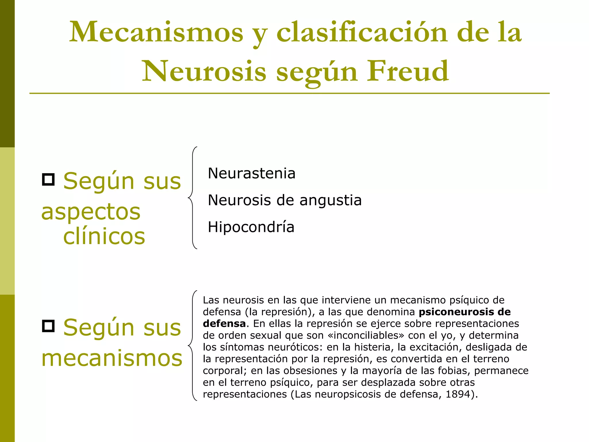 Mecanismos y clasificación de la Neurosis según Freud Según sus  aspectos clínicos Según sus mecanismos Neurastenia Neurosis de angustia Hipocondría Las neurosis en las que interviene un mecanismo psíquico de defensa (la represión), a las que denomina  psiconeurosis de defensa . En ellas la represión se ejerce sobre representaciones de orden sexual que son «inconciliables» con el yo, y determina los síntomas neuróticos: en la histeria, la excitación, desligada de la representación por la represión, es convertida en el terreno corporal; en las obsesiones y la mayoría de las fobias, permanece en el terreno psíquico, para ser desplazada sobre otras representaciones (Las neuropsicosis de defensa, 1894). 