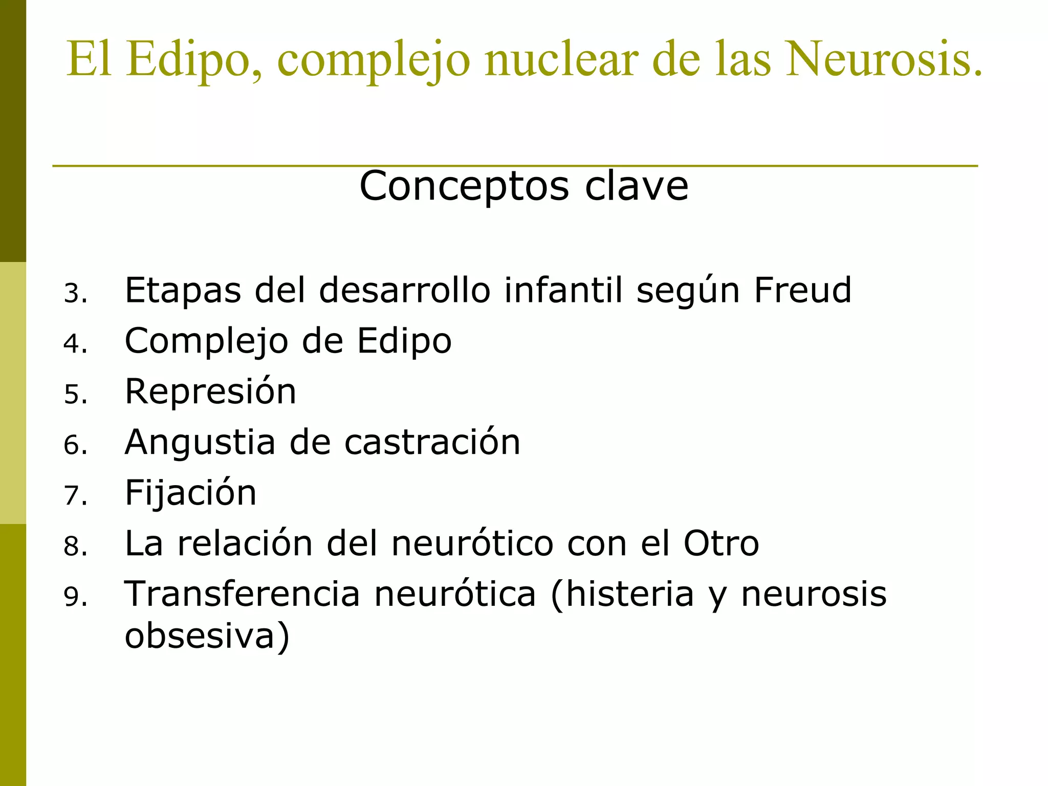 El Edipo, complejo nuclear de las Neurosis. Conceptos clave Etapas del desarrollo infantil según Freud Complejo de Edipo Represión Angustia de castración Fijación La relación del neurótico con el Otro Transferencia neurótica (histeria y neurosis obsesiva) 