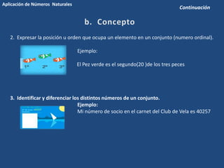 Continuación
Aplicación de Números Naturales
2. Expresar la posición u orden que ocupa un elemento en un conjunto (numero ordinal).
Ejemplo:
El Pez verde es el segundo(20 )de los tres peces
3. Identificar y diferenciar los distintos números de un conjunto.
Ejemplo:
Mi número de socio en el carnet del Club de Vela es 40257