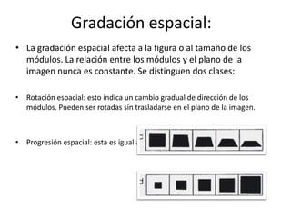 Gradación espacial:
• La gradación espacial afecta a la figura o al tamaño de los
  módulos. La relación entre los módulos y el plano de la
  imagen nunca es constante. Se distinguen dos clases:

• Rotación espacial: esto indica un cambio gradual de dirección de los
  módulos. Pueden ser rotadas sin trasladarse en el plano de la imagen.



• Progresión espacial: esta es igual al tamaño de los módulos.
 